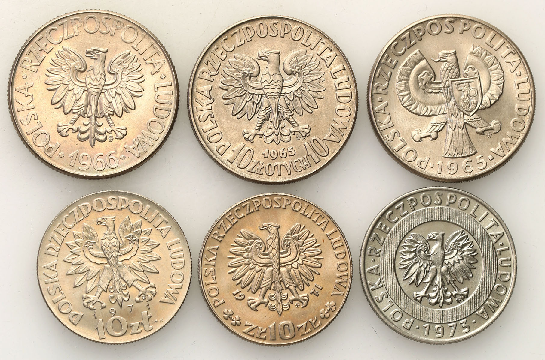 PRL. PRÓBA miedzionikiel 10, 20 złotych 1965-1973 + 10 złotych 1966 Kościuszko, zestaw 6 monet